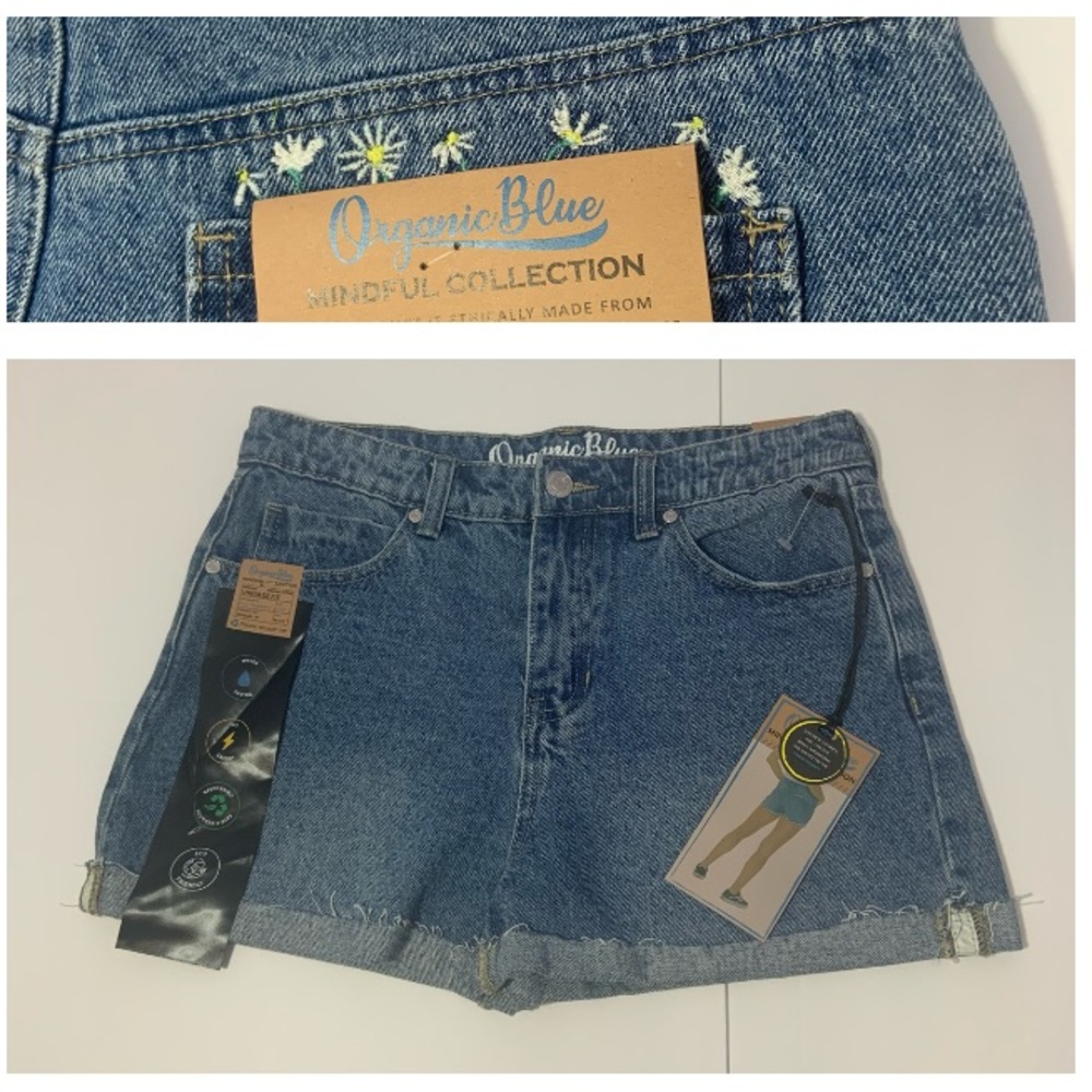 New! Organic Blue Denim Jean Shorts Vintage Fit Embroidered Daisy High Rise
